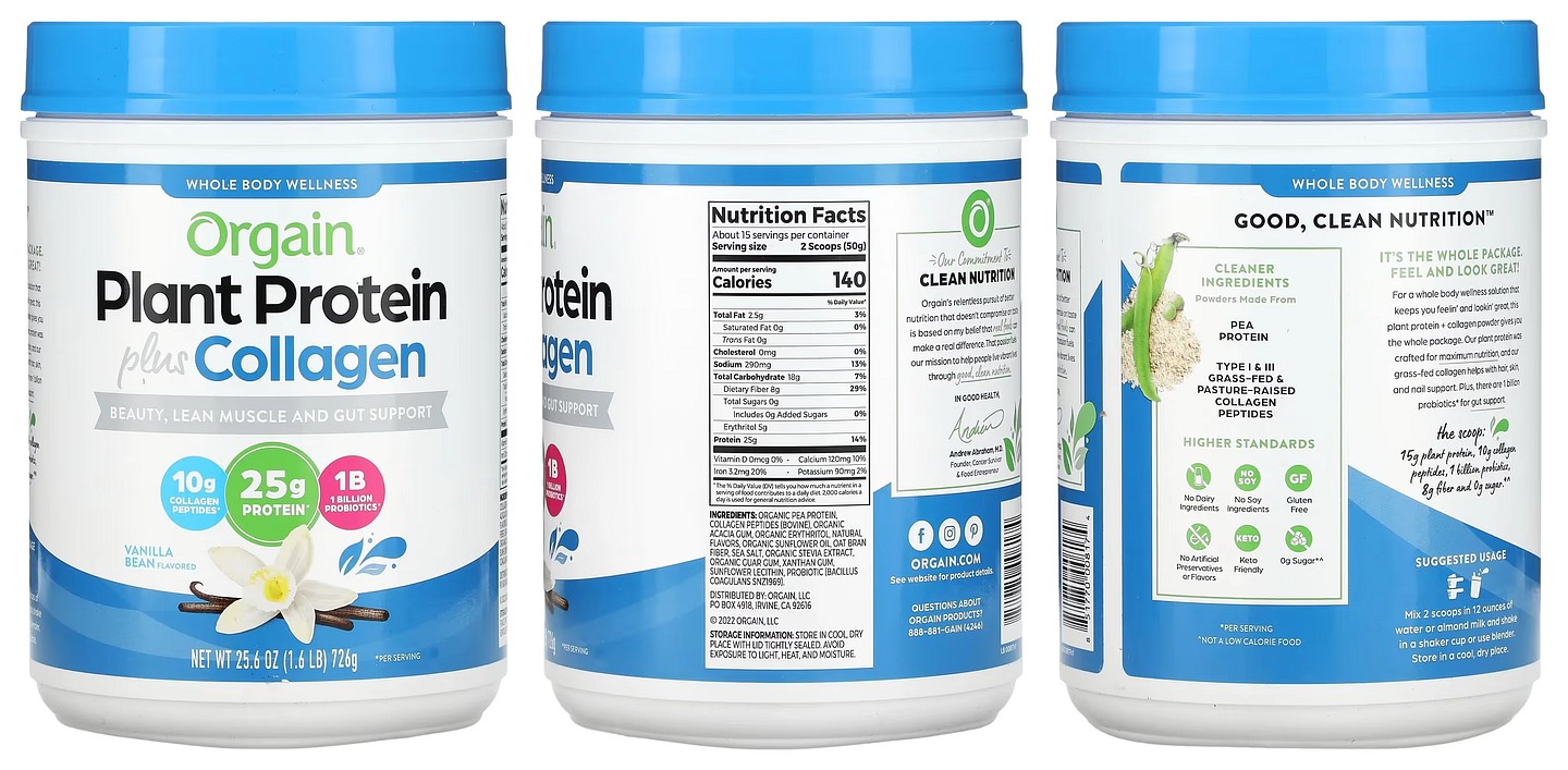 Orgain, Plant Protein Plus Collagen packaging