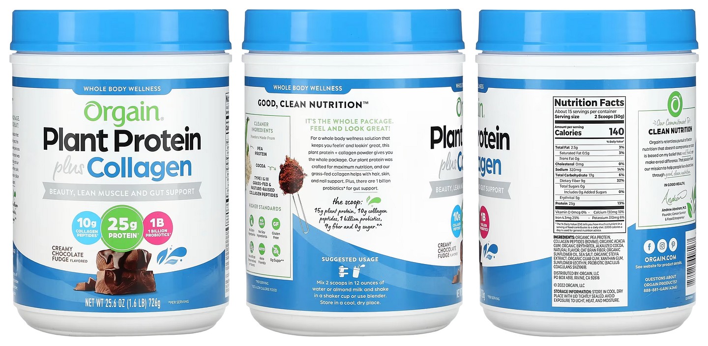 Orgain, Plant Protein Plus Collagen, Creamy Chocolate Fudge packaging