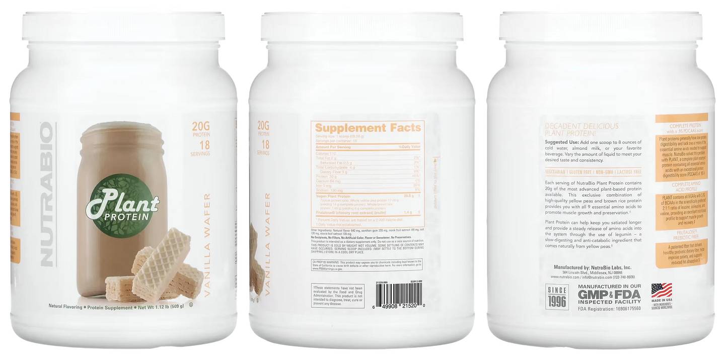 NutraBio, Plant Protein, Vanilla Wafer packaging