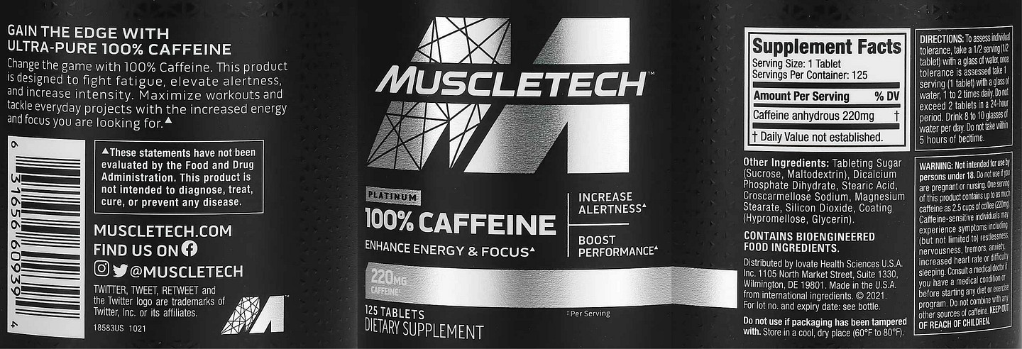 MuscleTech, Platinum 100% Caffeine label