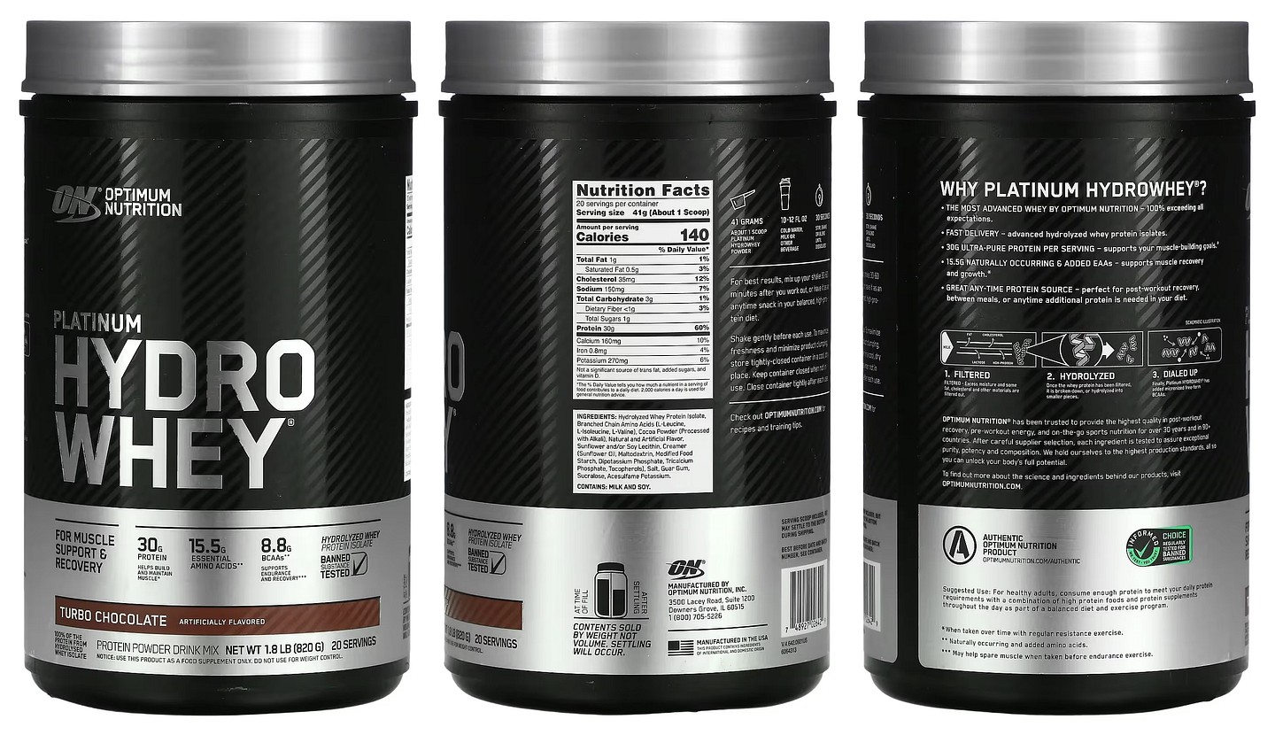 Optimum Nutrition, Platinum Hydro Whey, Turbo Chocolate packaging