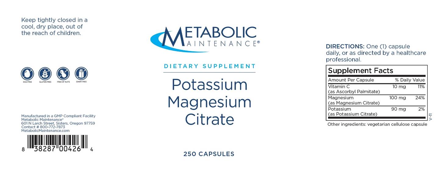 Metabolic Maintenance, Potassium Magnesium Citrate label