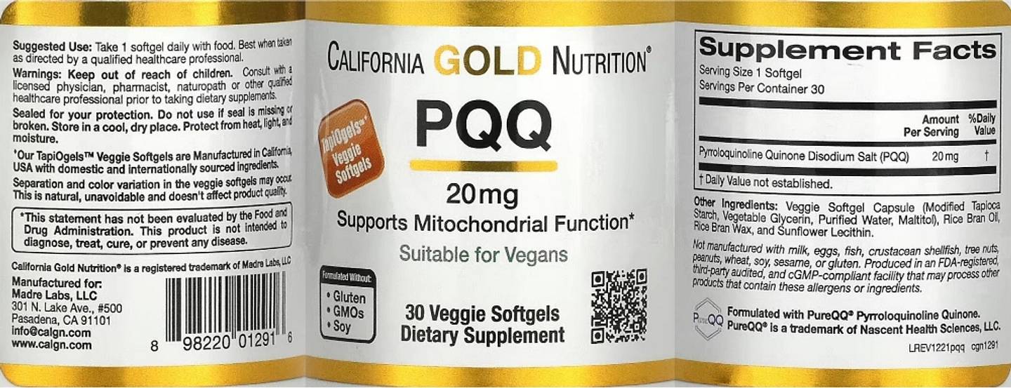 California Gold Nutrition, PQQ label