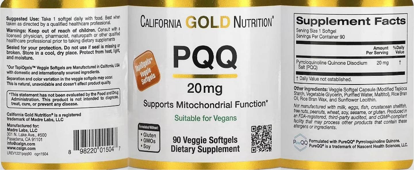 California Gold Nutrition, PQQ label