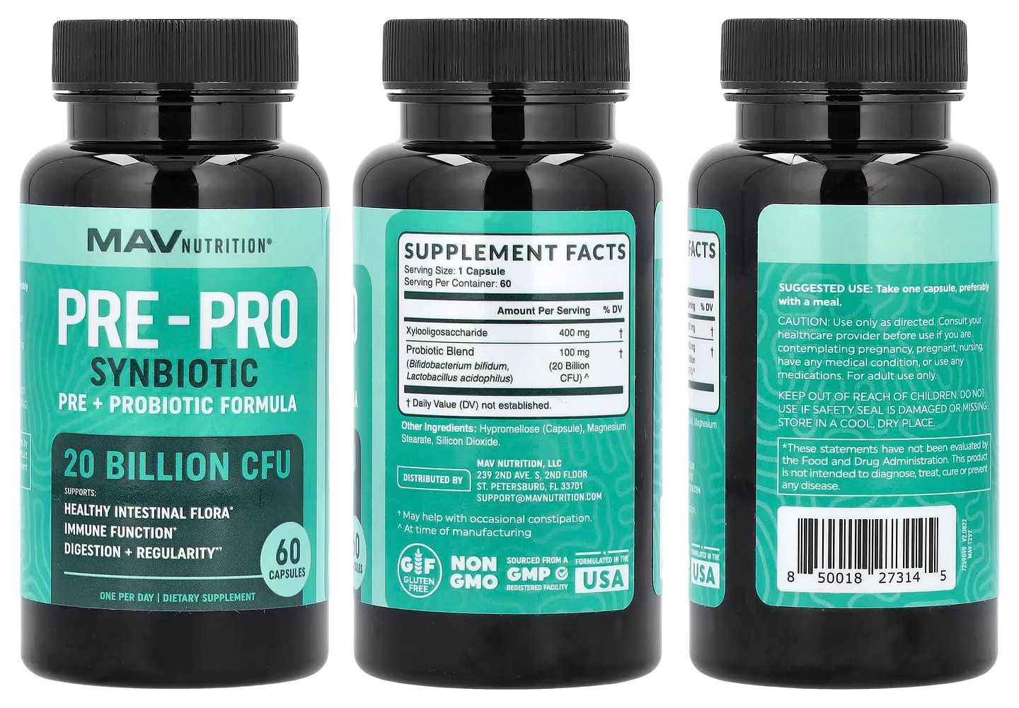 MAV Nutrition, Pre-Pro Synbiotic, Pre + Probiotic Formula, 20 Billion CFU packaging