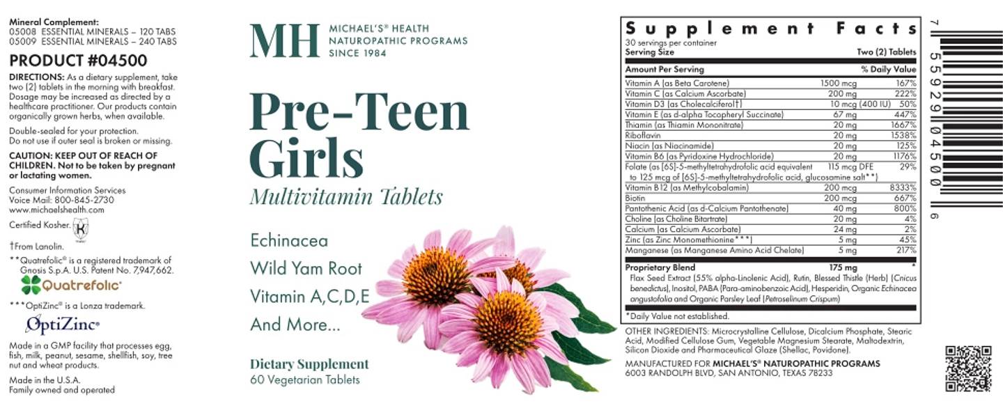 Michael's Naturopathic, Pre-Teen Girls Multivitamin label