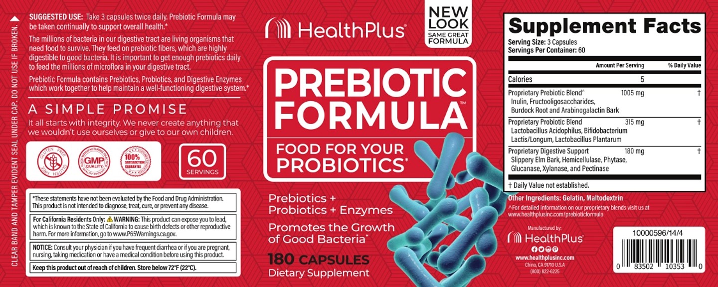 Health Plus, Prebiotic Formula label