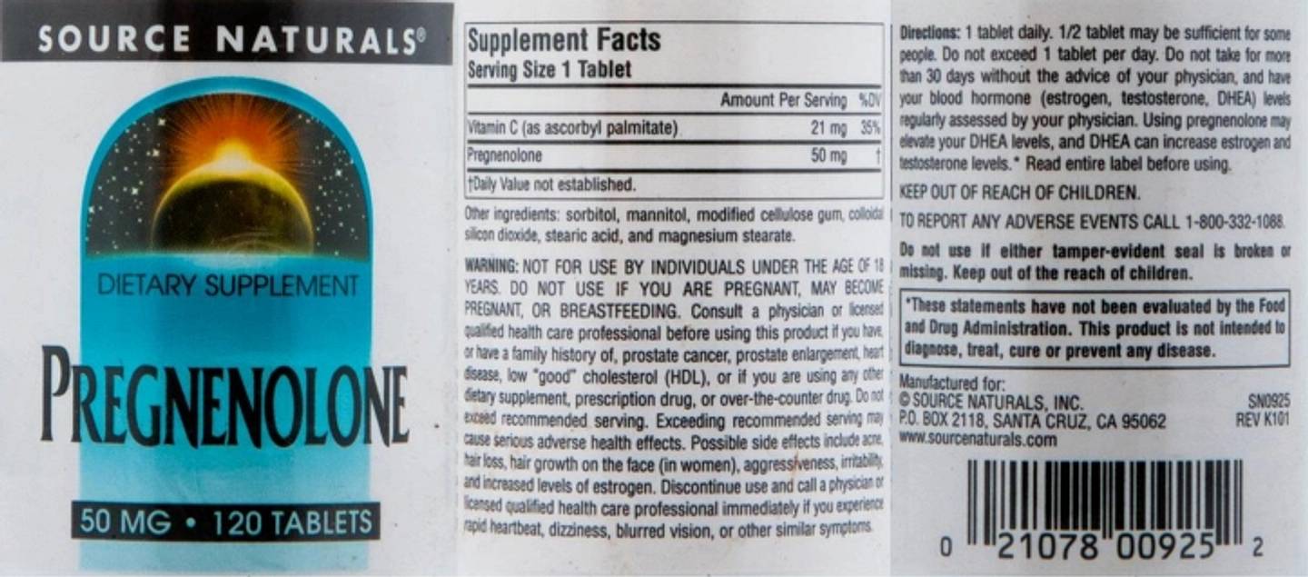 Source Naturals, Pregnenolone label