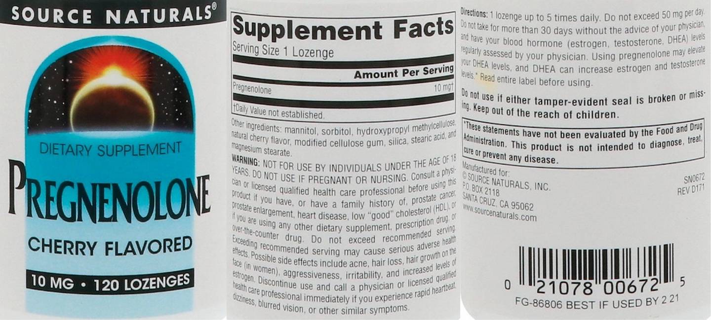 Source Naturals, Pregnenolone, Cherry, 10 mg label