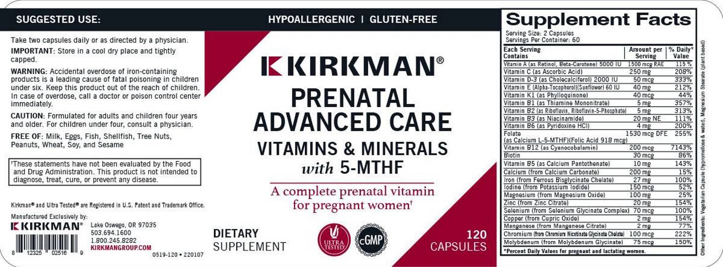 Kirkman Labs, Prenatal Advanced Care label