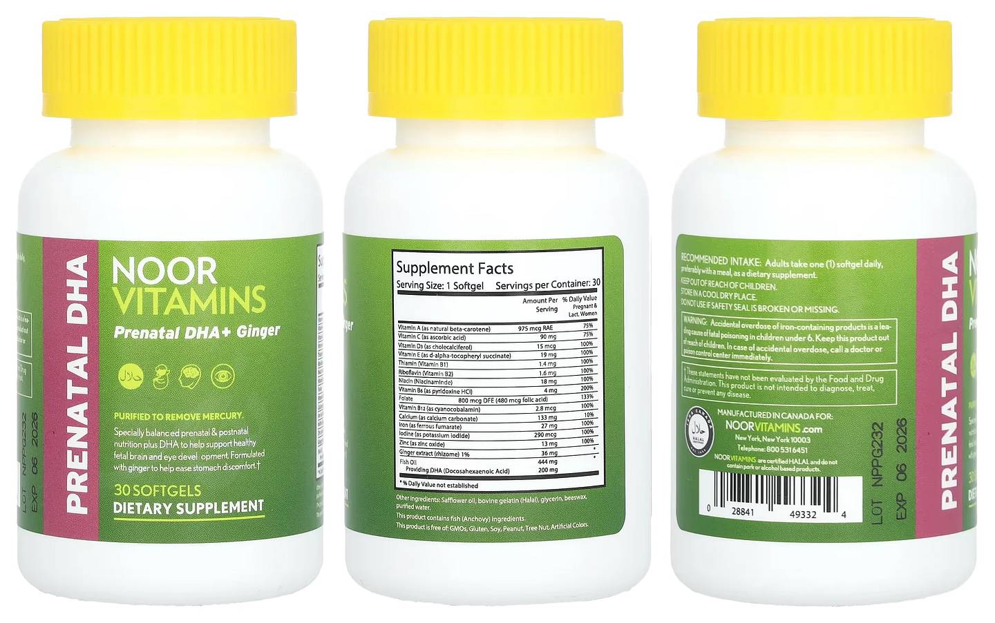 Noor Vitamins, Prenatal DHA + Ginger packaging