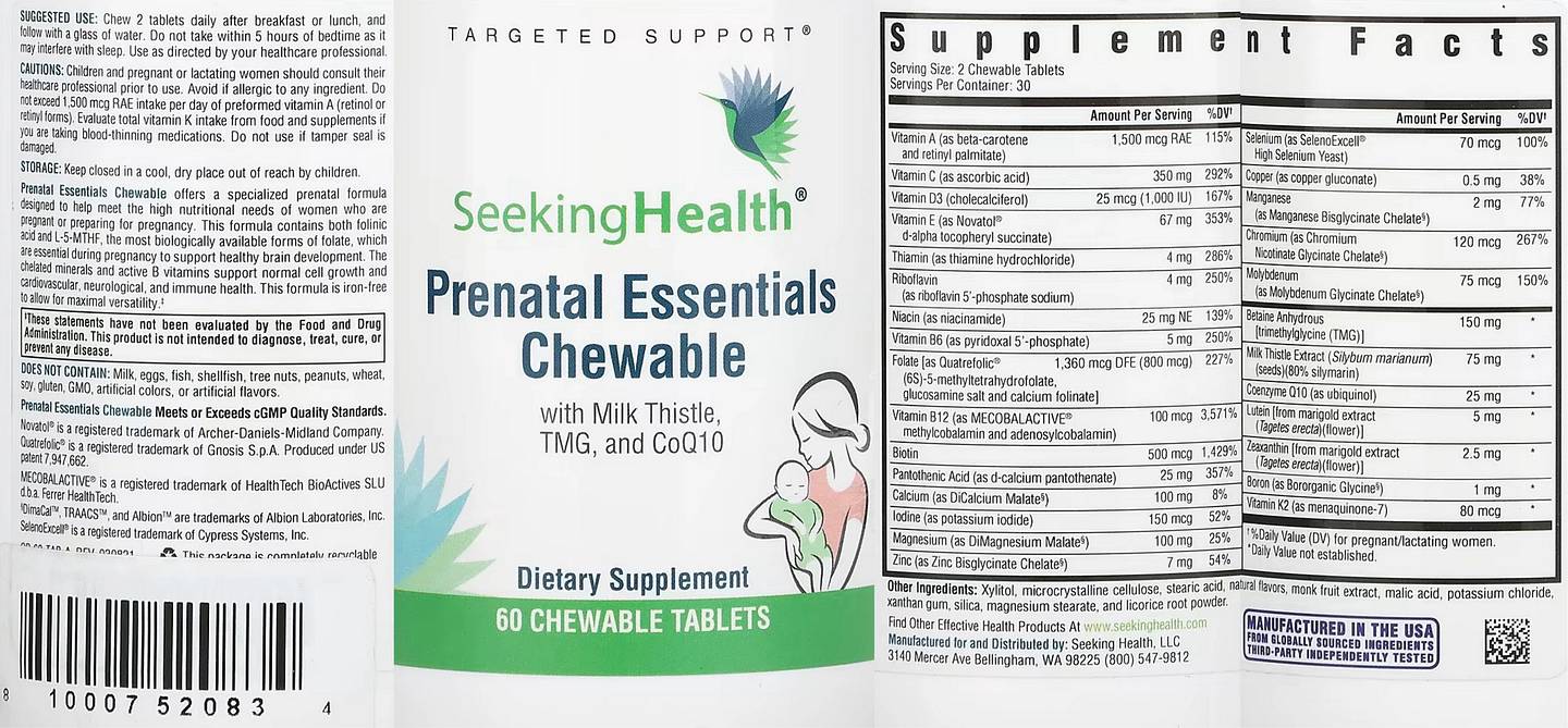 Seeking Health, Prenatal Essentials Chewable with Milk Thistle, TMG, and CoQ10 label