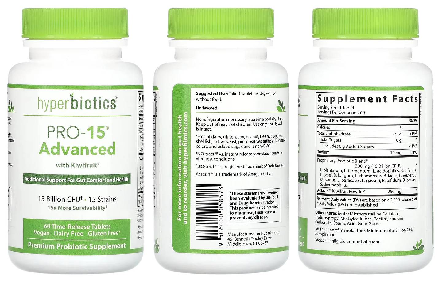 Hyperbiotics, PRO-15 Advanced with Kiwifruit packaging