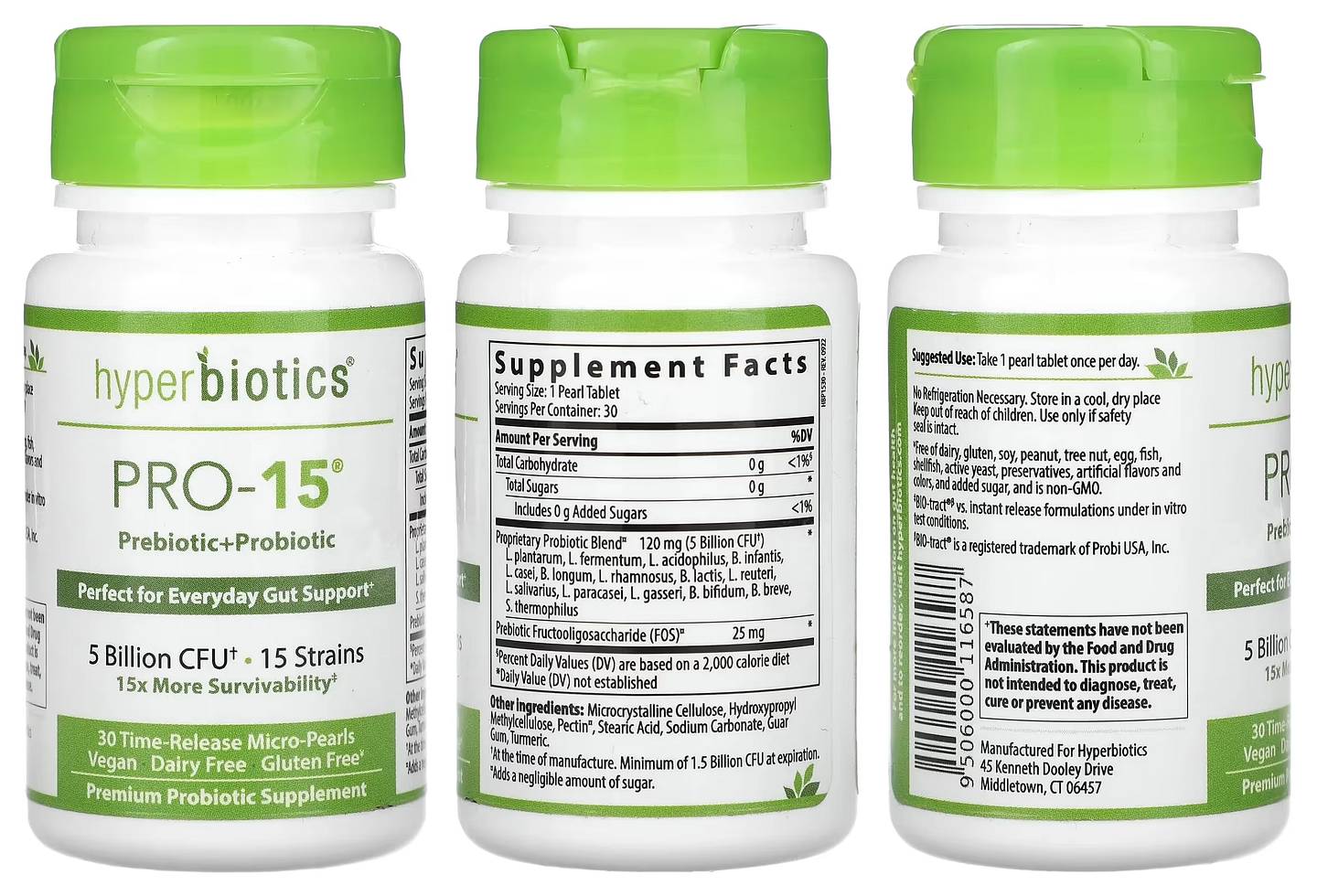 Hyperbiotics, Pro-15, Prebiotic + Probiotic, 5 Billion CFU packaging