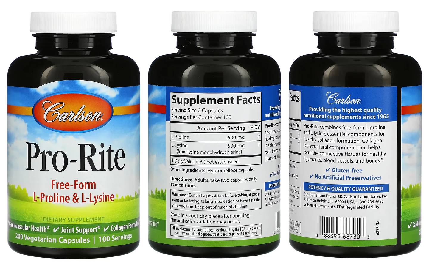 Carlson, Pro-Rite, Free-Form L-Proline & L-Lysine packaging