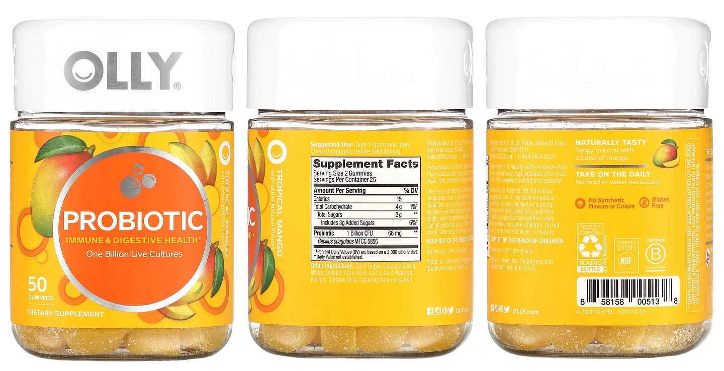 OLLY, Probiotic, Tropical Mango, 1 Billion Live Cultures packaging