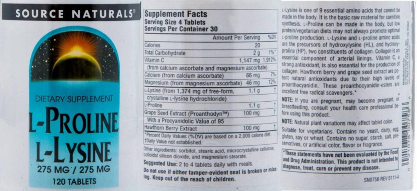 Source Naturals, Proline & L-Lysine label