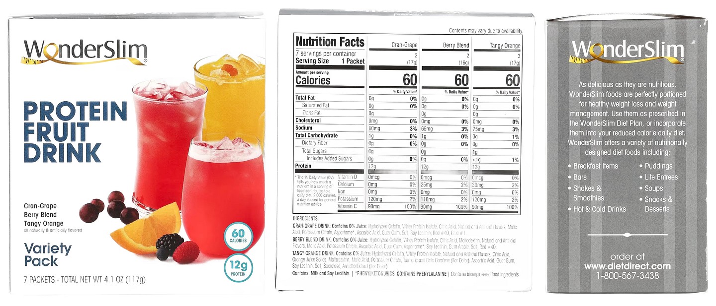 WonderSlim, Protein Fruit Drink, Variety Pack packaging