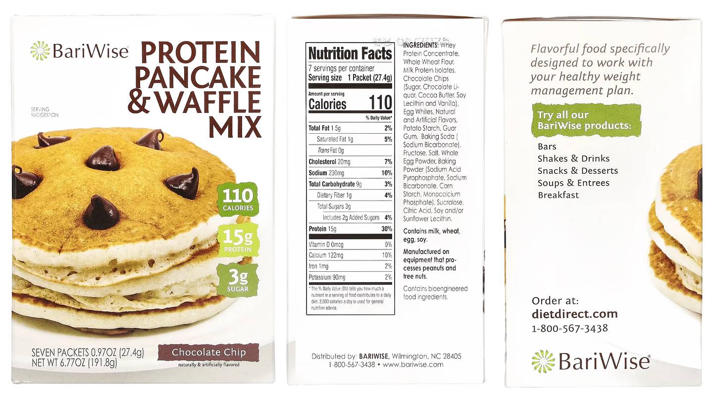 BariWise, Protein Pancake & Waffle Mix, Chocolate Chip packaging