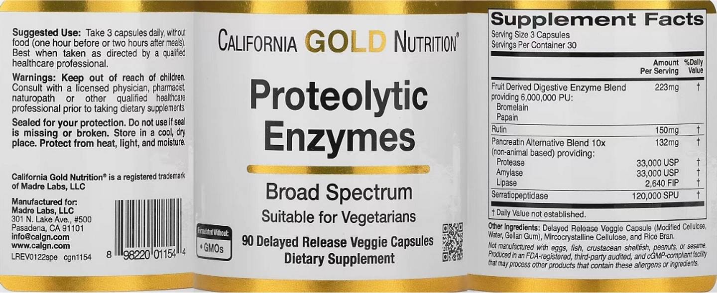 California Gold Nutrition, Proteolytic Enzymes label