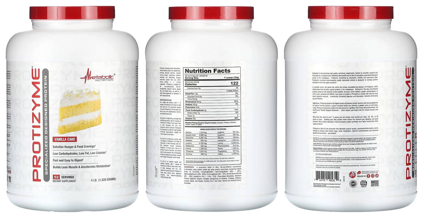 Metabolic Nutrition, Protizyme, Specialized Designed Protein, Vanilla Cake packaging