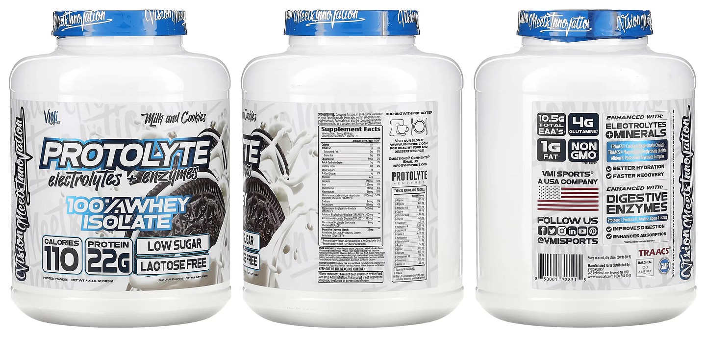 VMI Sports, ProtoLyte, 100% Whey Isolate, Milk and Cookies packaging
