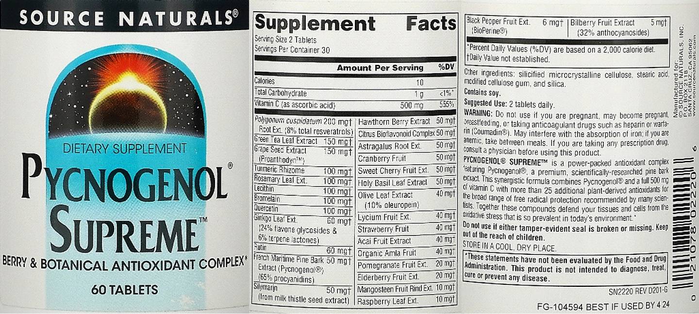 Source Naturals, Pycnogenol Supreme label