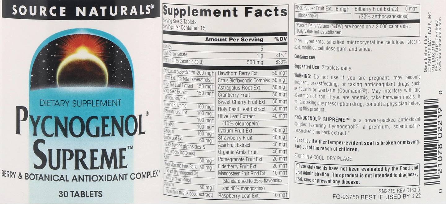 Source Naturals, Pycnogenol Supreme label