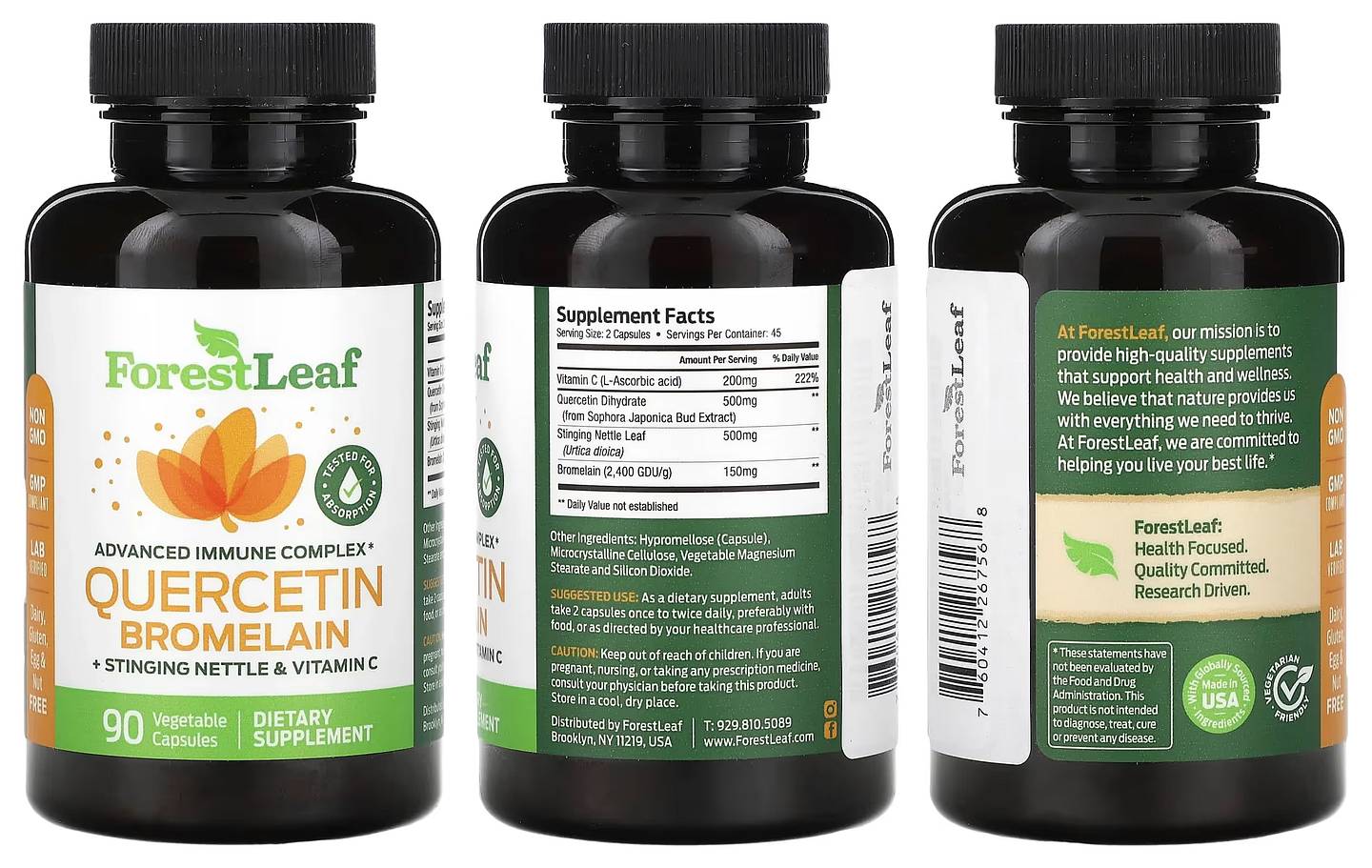 Forest Leaf, Quercetin Bromelain + Stinging Nettle & Vitamin C packaging