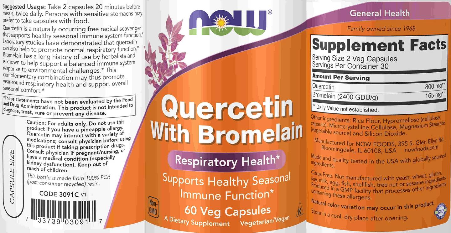 NOW Foods, Quercetin With Bromelain label
