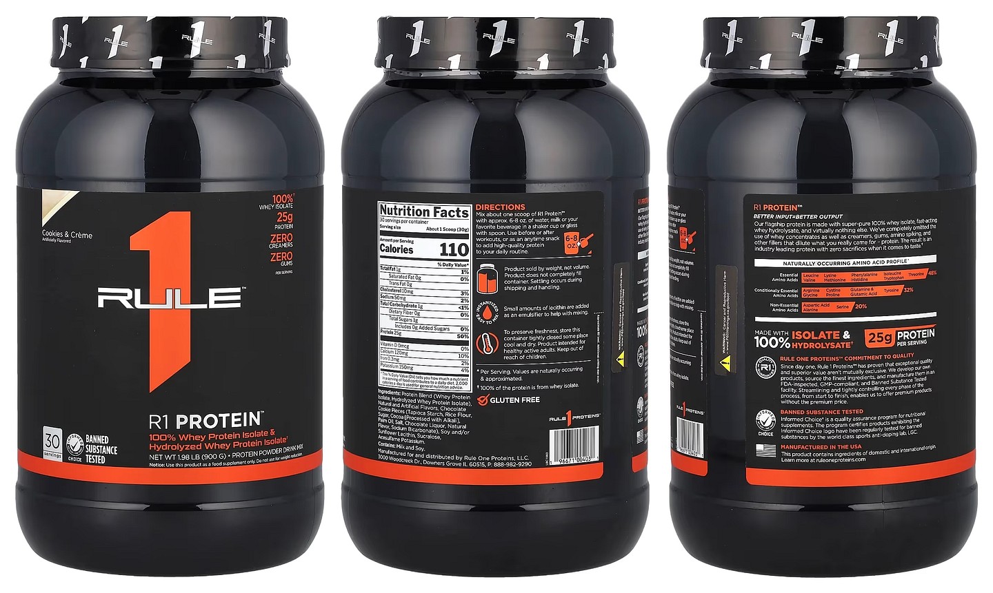 Rule One Proteins, R1 Protein Powder Drink Mix, Cookies & Creme packaging