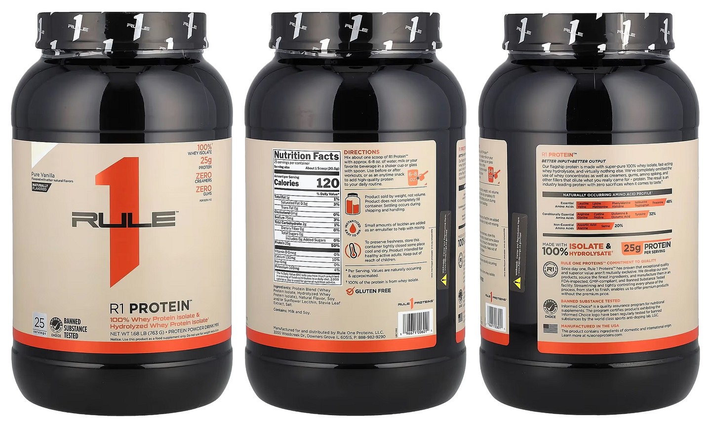 Rule One Proteins, R1 Protein Powder Drink Mix, Pure Vanilla packaging