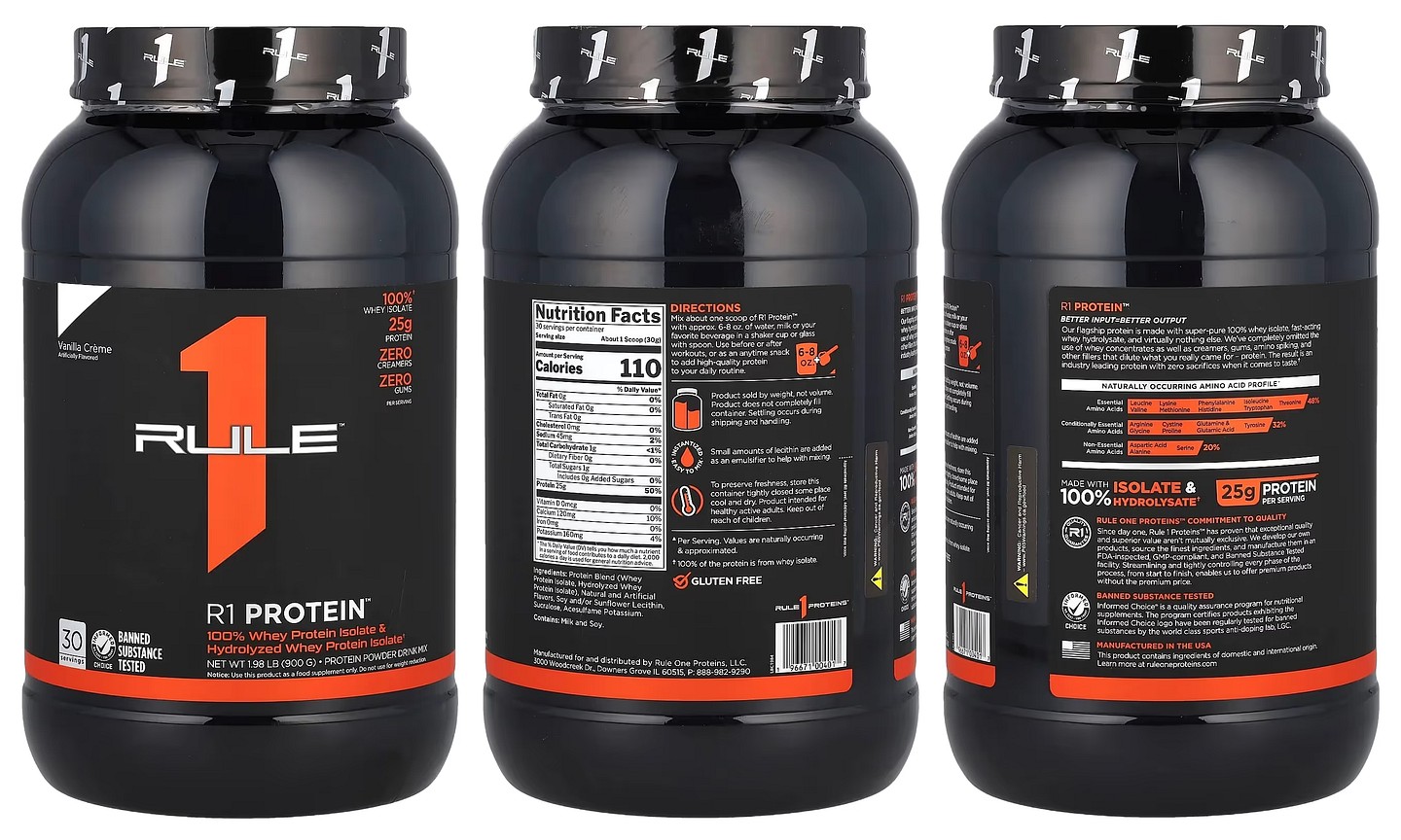 Rule One Proteins, R1 Protein Powder Drink Mix, Vanilla Creme packaging