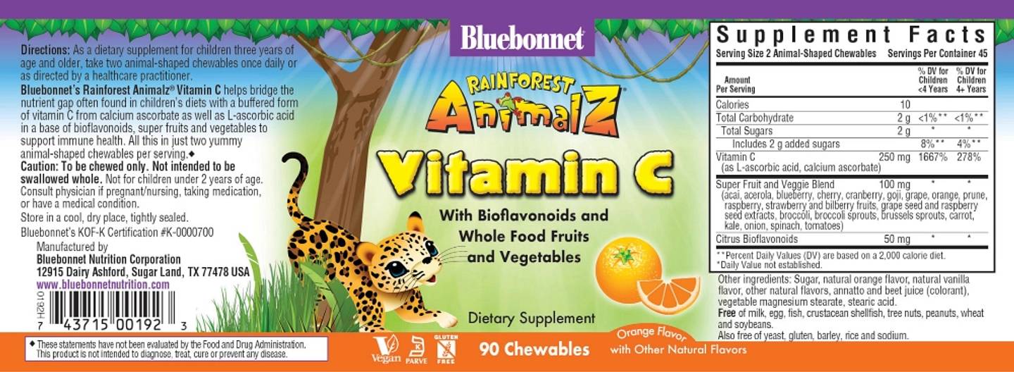 Bluebonnet Nutrition, Rainforest Animalz label