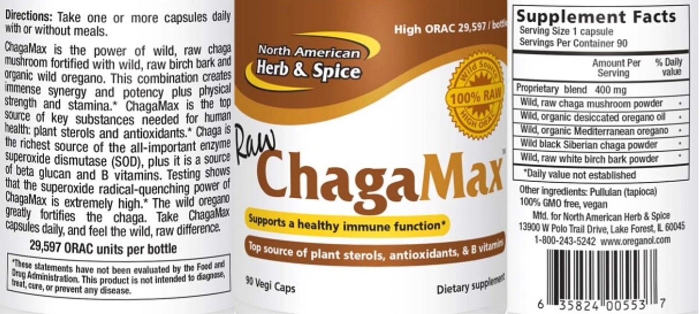 North American Herb & Spice, Raw ChagaMax label
