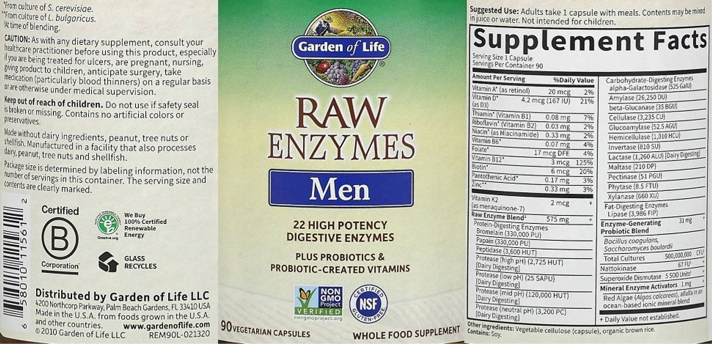 Garden of Life, RAW Enzymes, Men label