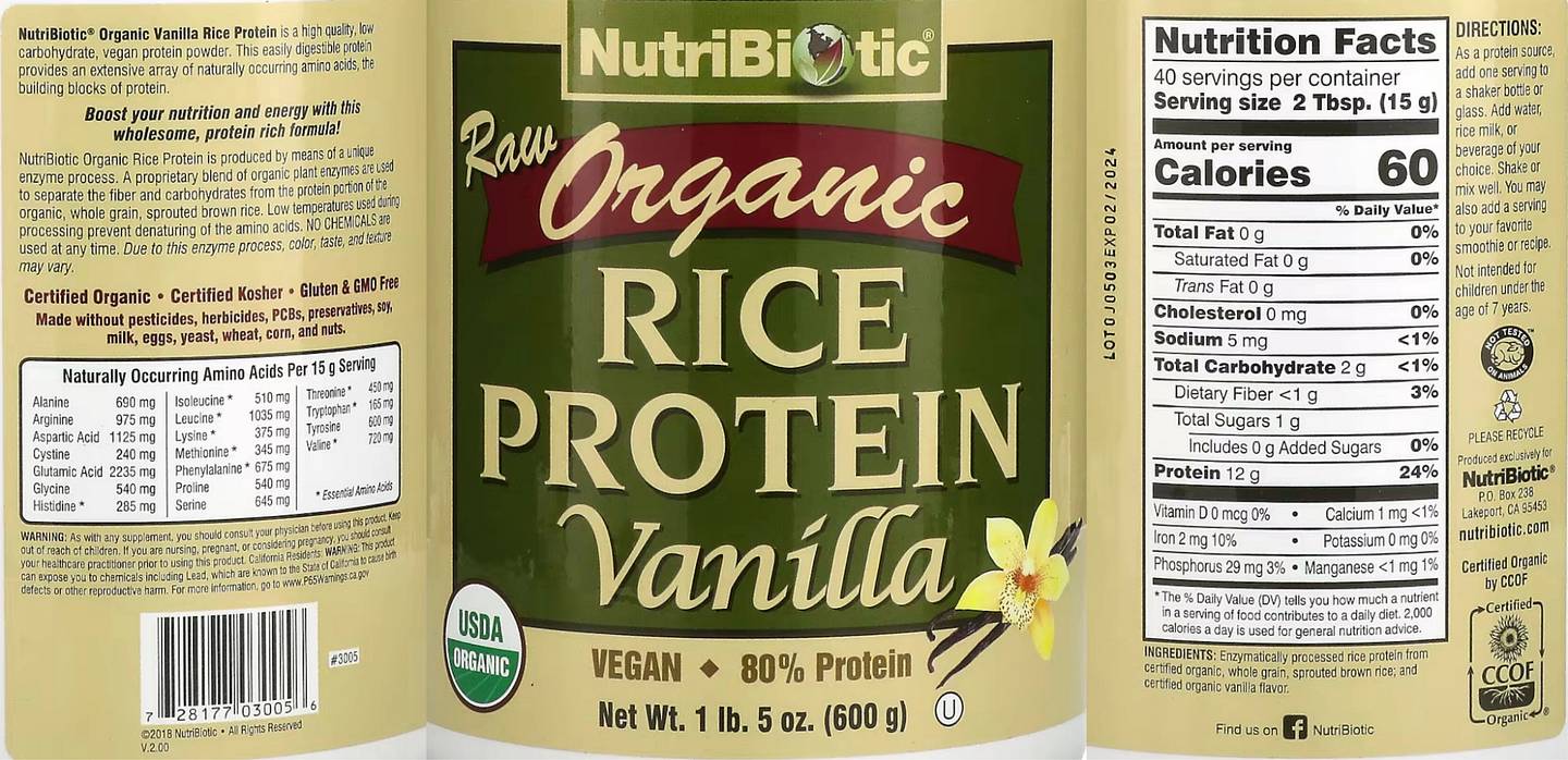 NutriBiotic, Raw Organic Rice Protein label