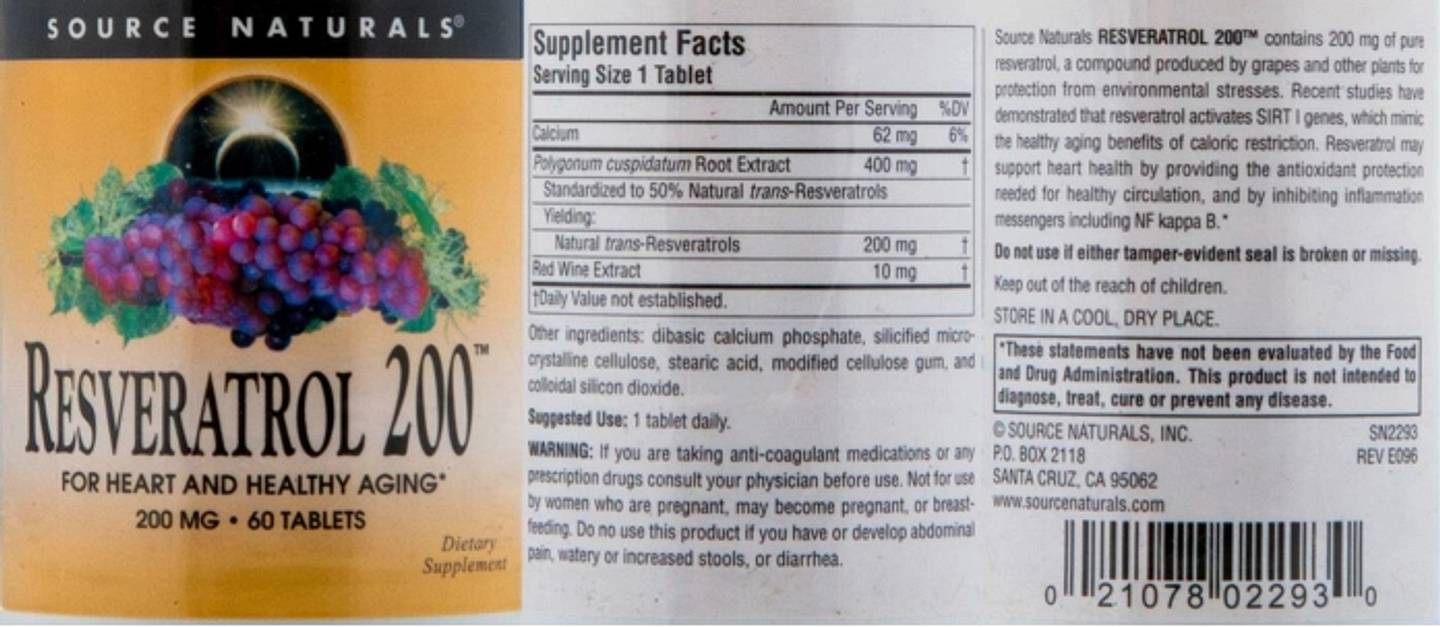 Source Naturals, Resveratrol 200 label