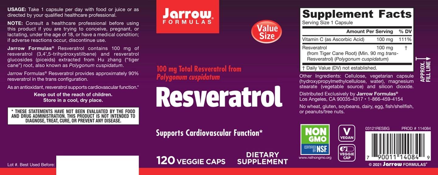 Jarrow Formulas, Resveratrol label