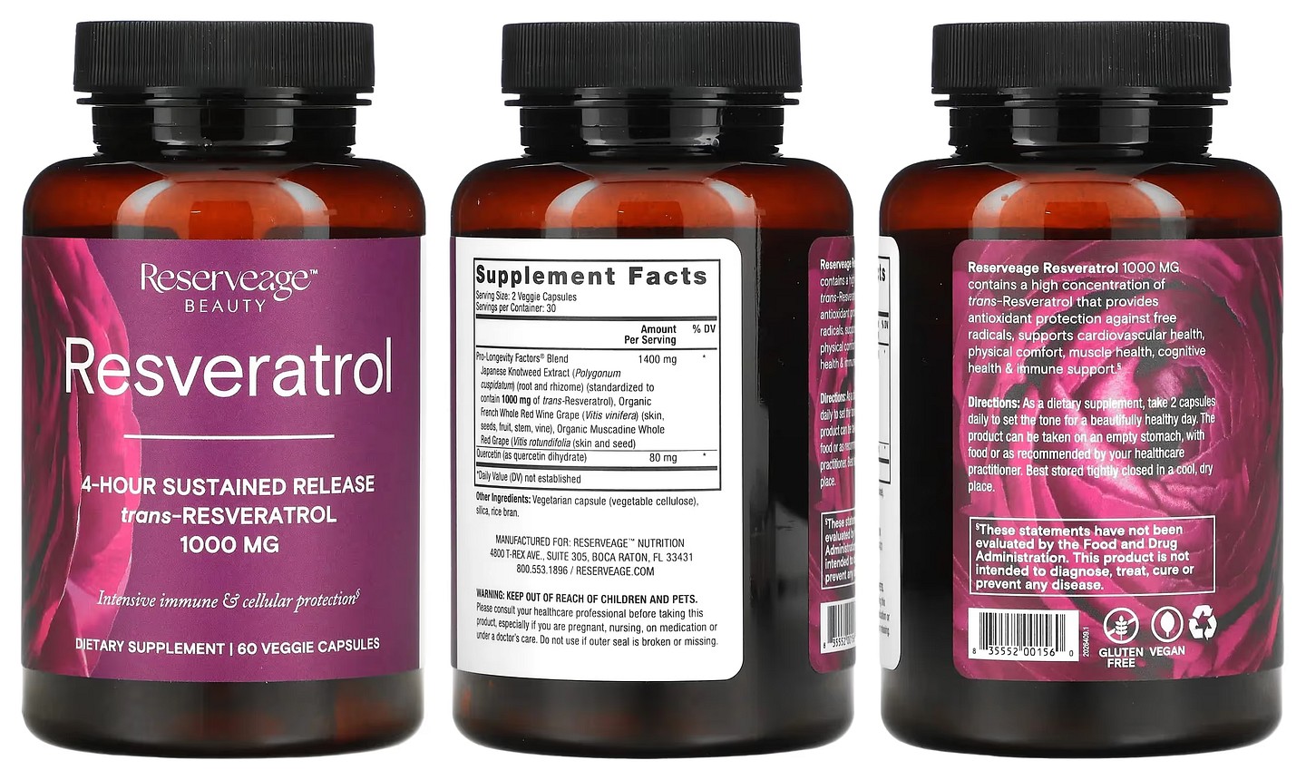 Reserveage Beauty, Resveratrol, Trans-Resveratrol, 1,000 mg packaging
