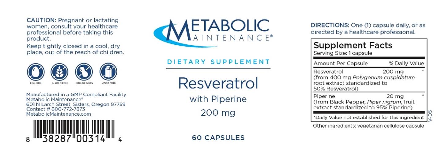 Metabolic Maintenance, Resveratrol with Piperine label