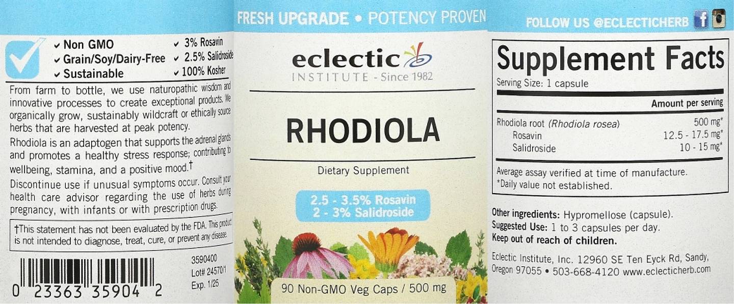 Eclectic Institute, Rhodiola with Rosavin & Salidroside label