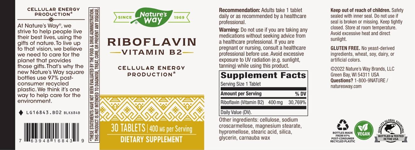 Nature's Way, Riboflavin Vitamin B2 label