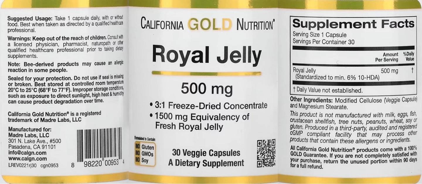 California Gold Nutrition, Royal Jelly label