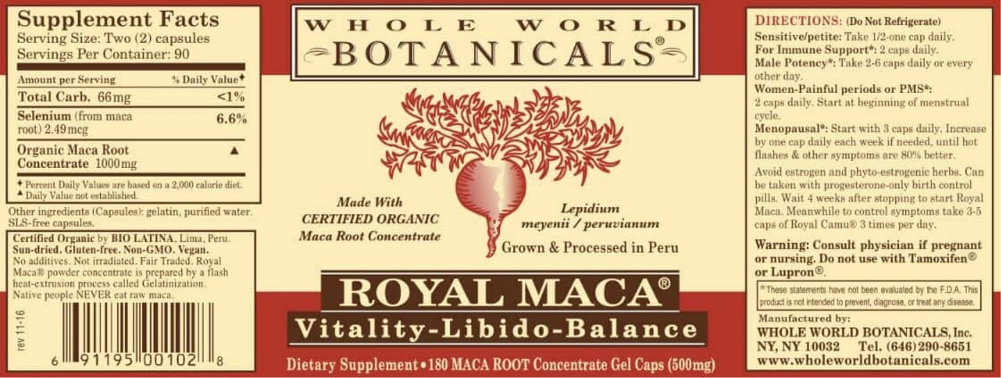 Whole World Botanicals, Royal Maca label