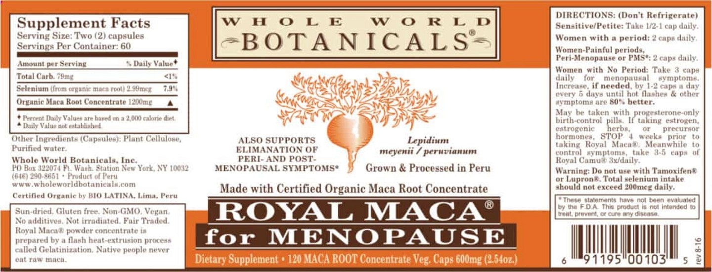 Whole World Botanicals, Royal Maca for Menopause label