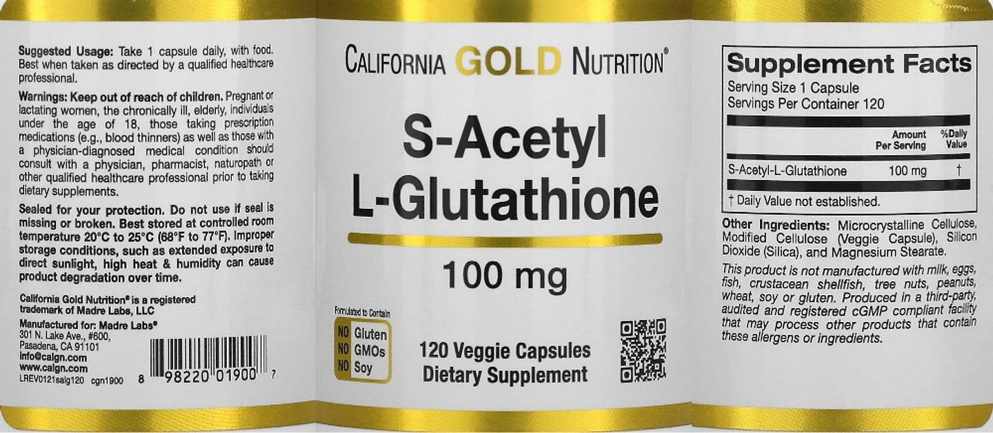 California Gold Nutrition, S-Acetyl L-Glutathione label