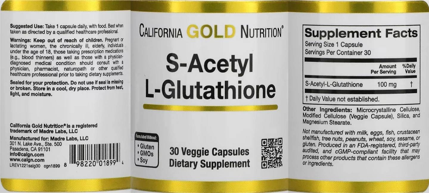 California Gold Nutrition, S-Acetyl L-Glutathione label