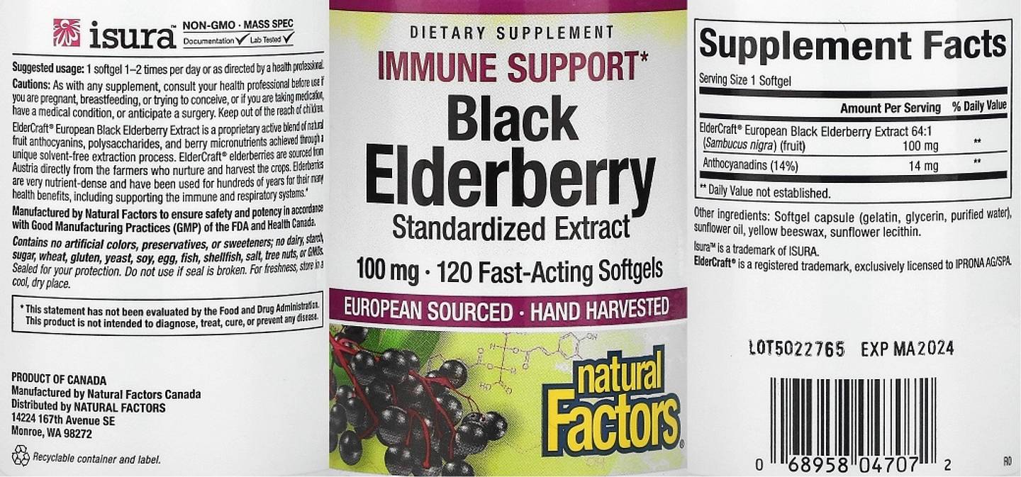 Natural Factors, Sambucus Black Elderberry label