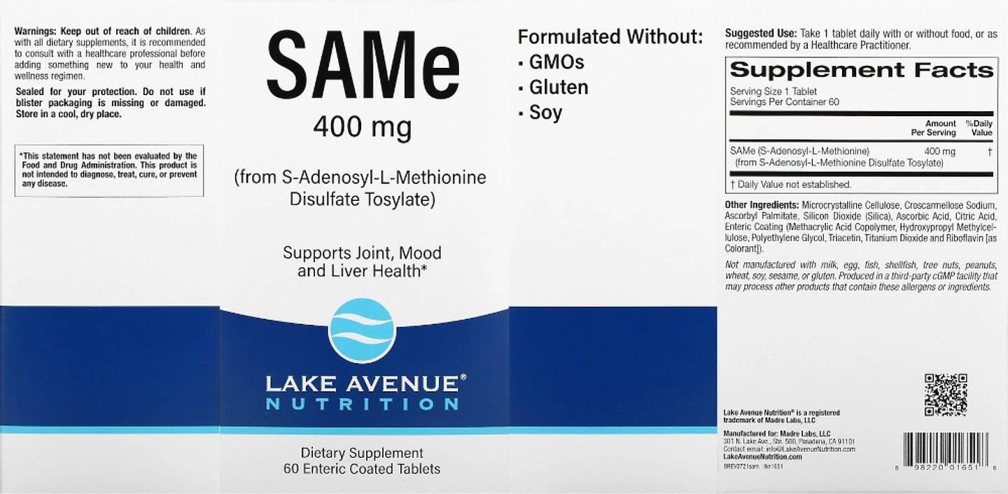 Lake Avenue Nutrition, SAMe ( Disulfate Tosylate) label